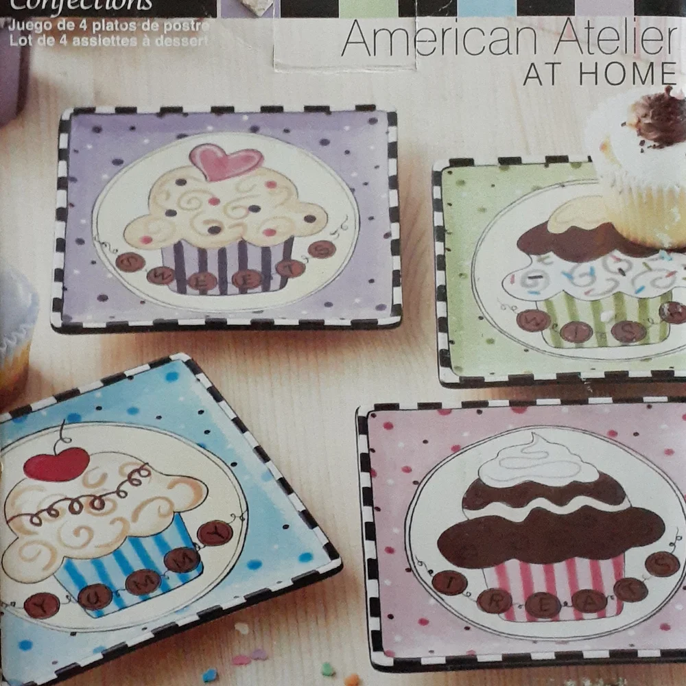 American Atelier At Home Confections 4 PC SQUARE Dessert Plate Set RARE New!